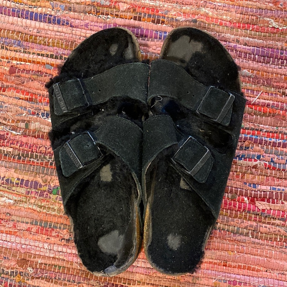Black suede furry Birkenstocks size 9.5